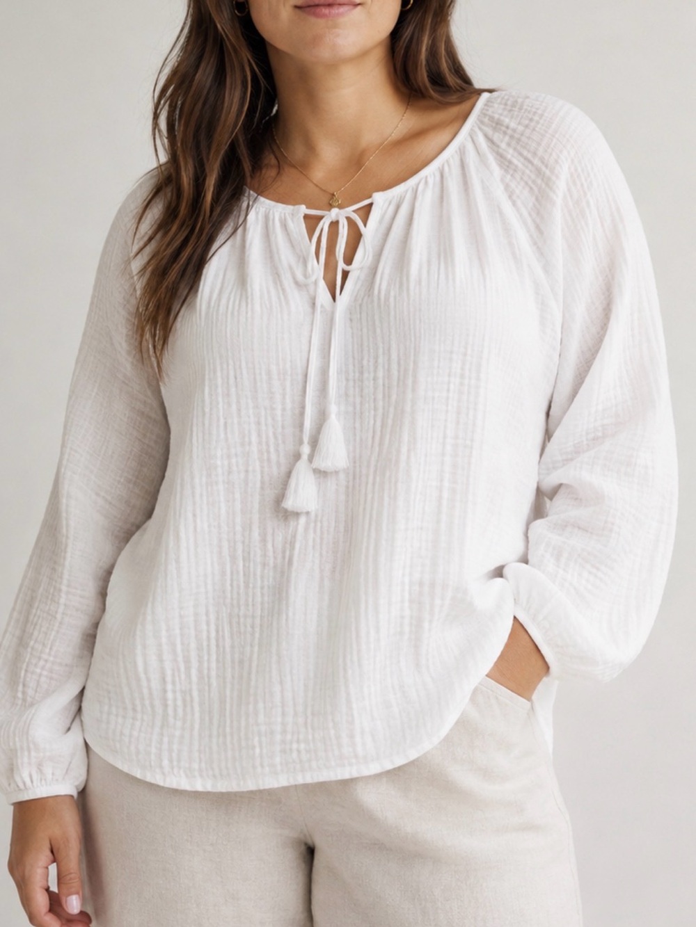 Boden White Doublecloth Boho Long Sleeve Tie Neck Tassel Blouse